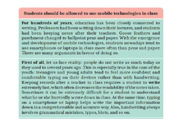 (tangkapan layar) Teks berjudul 'Students Should be Allowed to Use Mobile Technologies in Class' adalah teks eksposisi hortatori. 