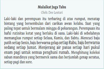 (tangkapan layar) Terdapat soal Kegiatan 2 Cerpen 'Malaikat Juga Tahu' karya Dee Lestari di halaman 104-105.
