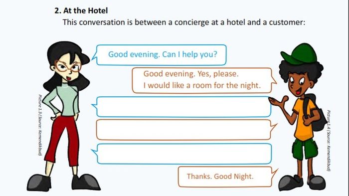 Contoh percakapan di hotel antara pramutamu di hotel dan pelanggan.