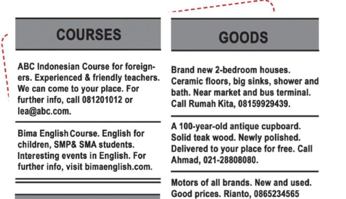 We will analyse another kind of advertisement: the classified advertisement.