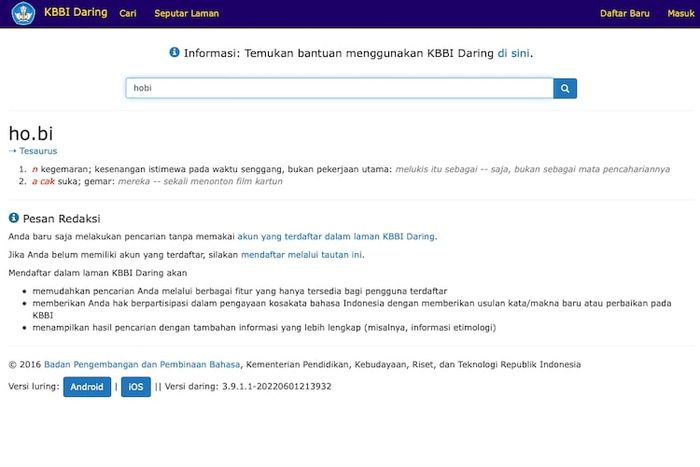 Contoh arti kata hobi menurut KBBI daring.
