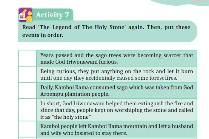 Activity 7, read &lsquo;The Legend of The Holy Stone&rsquo; again. Then, put these events in order.