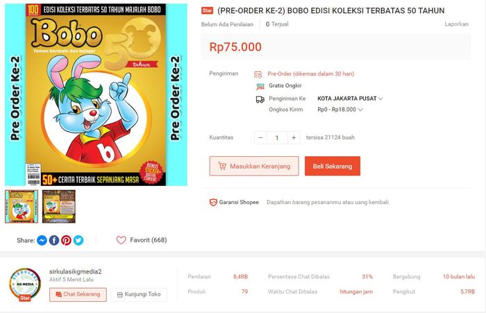 Pemesanan Edisi Koleksi Terbatas Majalah Bobo lewat Shopee.