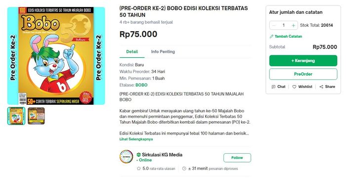 Pemesanan Edisi Koleksi Terbatas Majalah Bobo lewat Tokopedia.