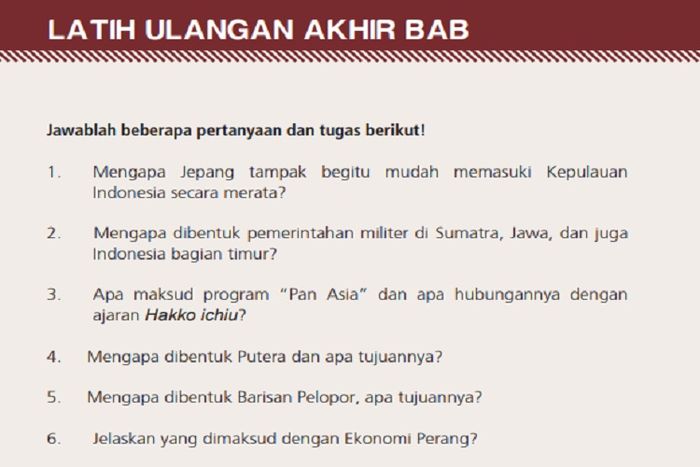 (tangkapan layar) Pembahasan soal Latih Ulangan Akhir Bab 5: 'Tirani Matahari Terbit' materi Sejarah kelas XI halaman 72.