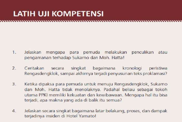 (tangkapan layar) Pembahasan soal Latih Uji Kompetensi Bab 6: A. 'Dari Rengasdengklok sampai ke Pegangsaan Timur' materi Sejarah kelas XI.