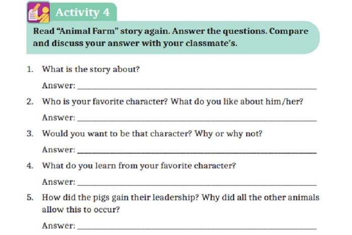 (tangkapan layar) Pembahasan soal 'Activity 4' teks 'Animal Farm' pada 'Unit 3: Fantasy' materi bahasa Inggris kelas XI.