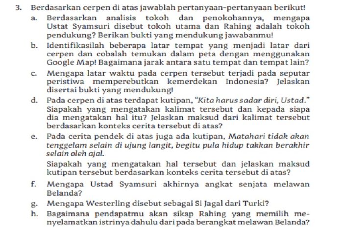 (tangkapan layar) Pembahasan soal  Kegiatan 3 berdasarkan cerpen 'Mengapa Mereka Berdoa kepada Pohon', bahasa Indonesia kelas XI.