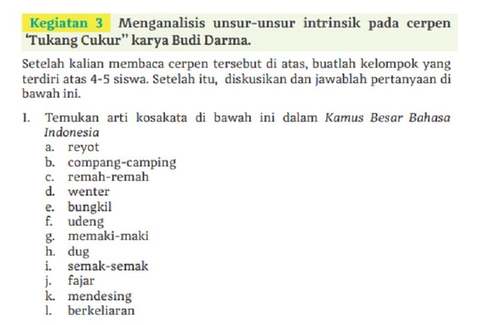 (tangkapan layar) Pembahasan soal Kegiatan 3 menganalisis unsur intrinsik cerpen 'Tukang Cukur' karya Budi Darma, bahasa Inggris kelas XI.