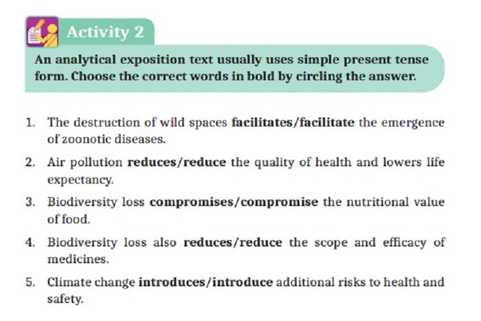 (tangkapan layar) Pembahasan soal 'Activity 2' pada 'Unit 4: Analytical Exposition Text', bahasa Inggris kelas XI.