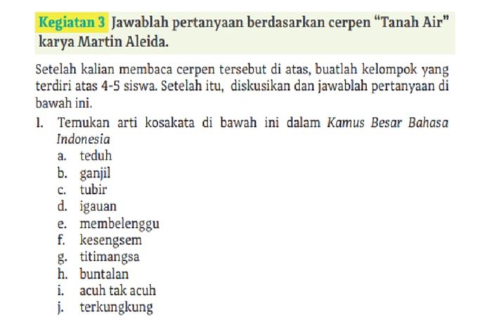 (tangkapan layar) Pembahasan soal Kegiatan 3 Berdasarkan Cerpen 'Tanah Air' karya Martin Aleida untuk nomor 1, bahasa Indonesia kelas XI Kurikulum Merdeka.