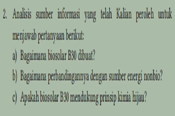 (tangkapan layar) Pembahasan soal Proyek Biosolar B30 pada Bab 3: Kimia Hijau dalam Pembangunan Berkelanjutan, IPA kelas X Kurikulum Merdeka.