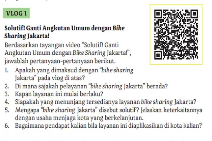 (tangkapan layar) Pembahasan soal Kegiatan 1 Vlog 1 Solutif! Ganti Angkutan Umum dengan Bike Sharing Jakarta!, bahasa Indonesia kelas XI Kurikulum Merdeka.