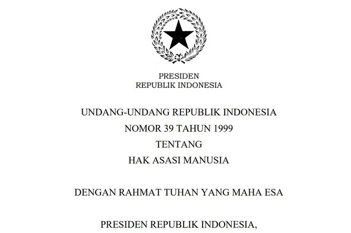 Undang-Undang Republik Indonesia Nomor 39 Tahun 1999 mengatur mengenai Hak Asasi Manusia.