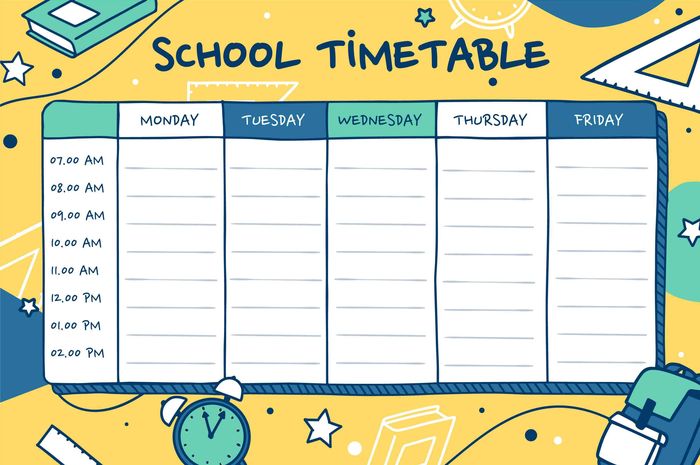Terdapat soal seputar our own schedule pada buku Bahasa Inggris kelas VII, Chapter 3 halaman 57, pada materi 'What time is it?'.