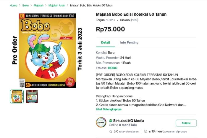 PO Edisi Koleksi Terbatas 50 Tahun Majalah Bobo salah satunya dapat dilakukan melalui Tokopedia.