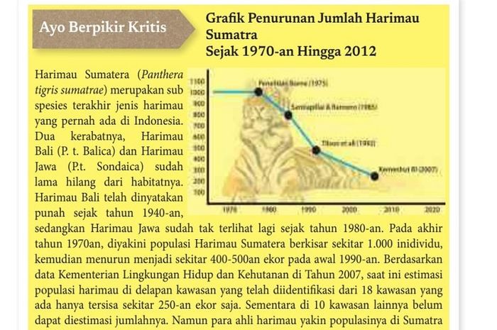 Jumlah Harimau Sumatra mengalami penurunan sejak tahun 1970-an.