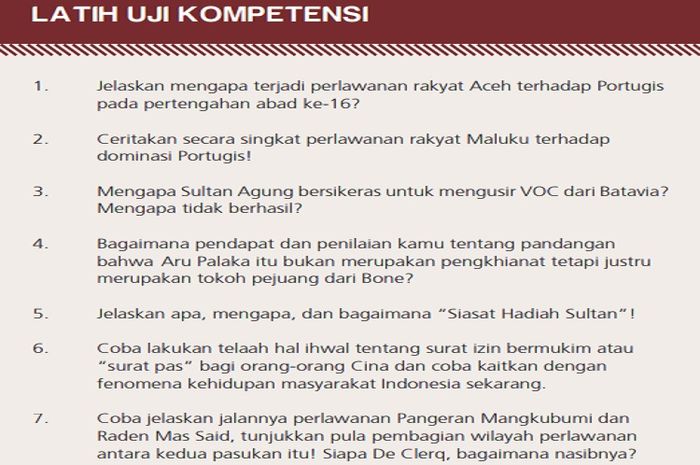 (tangkapan layar) Ada tujuh pertanyaan dalam Latih Uji Kompetensi di halaman 101 materi Sejarah kelas XI.