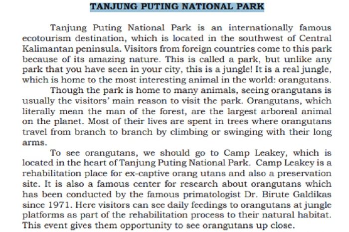 Pembahasan soal Task 2 'Tanjung Puting National Park' halaman 53, materi bahasa Inggris kelas X.