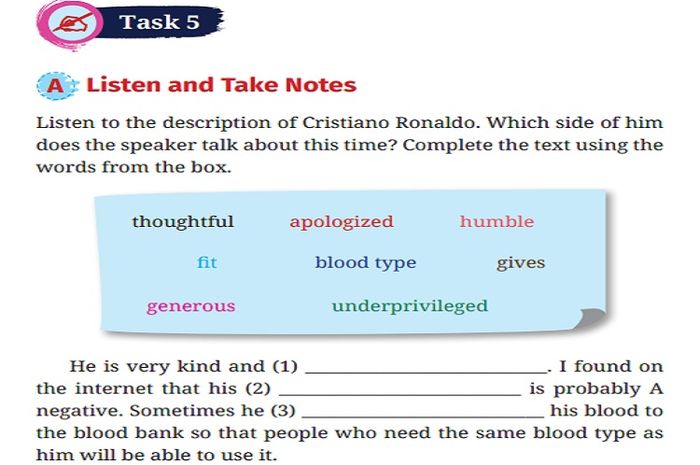 (tangkapan layar) Soal Task 5 Listen and Take Notes, Chapter 1: Great Athletes terdapat pada buku Bahasa Inggris Work in Progress halaman 15.