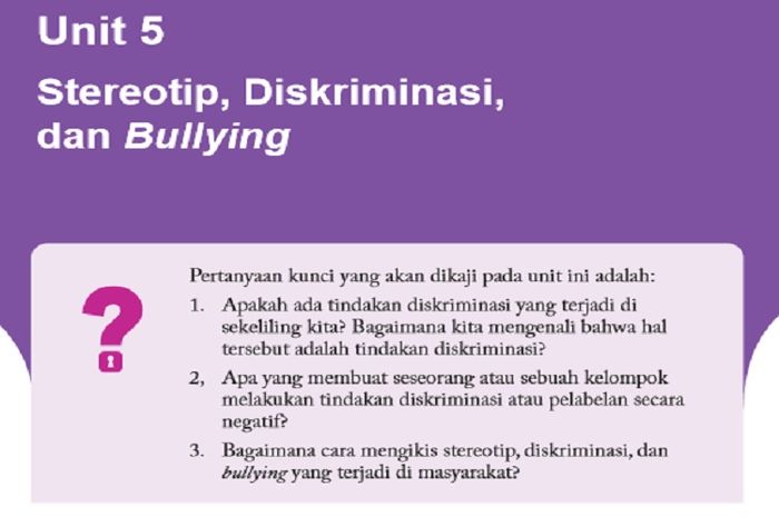 (tangkapan layar) Unit 5 Bagian 3: 'Stereotip, Diskriminasi, dan Bullying' mempelajari tentang tindakan diskriminasi yang terjadi di sekeliling kita.