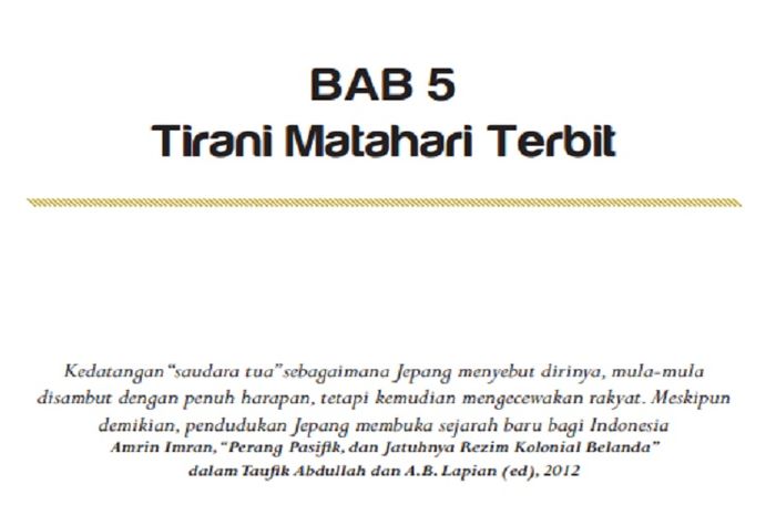 (tangkapan layar)Terdapat soal Latih Ulangan Akhir Bab 5: 'Tirani Matahari Terbit' pada buku Sejarah kelas XI halaman 72.