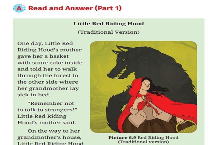 (tangkapan layar) Soal 'Tasks 3, A. Read and Answer (Part 1)' terdiri atas empat pertanyaan yang sesuai dengan teks berjudul 'Little Red Riding Hood'.