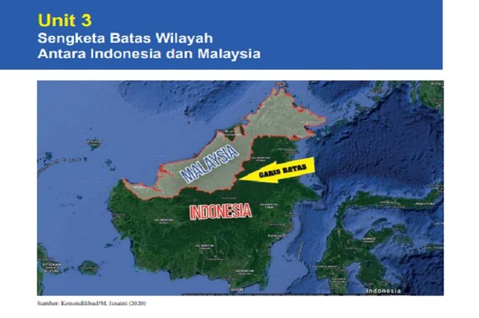 (tangkapan layar) Soal Uji Pemahaman Unit 3 Bagian 4: 'Sengketa Batas Wilayah antara Indonesia dan Malaysia' terdiri atas empat pertanyaan esai.