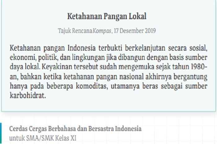 (tangkapan layar) Terdapat soal Kegiatan 2 berdasarkan teks 'Ketahanan Pangan Lokal' pada buku Cerdas Cergas Berbahasa dan Bersastra Indonesia kelas XI di halaman 6.