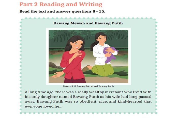 (tangkapan layar) Terdapat teks berjudul 'Bawang Merah and Bawang Putih' di bagian 'Concluding Section 1' bahasa Inggris kelas XI.