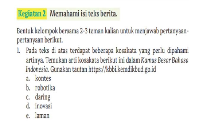 (tangkapan layar) Terdapat soal Kegiatan 2 Memahami Isi Teks Berita di halaman 36-37 dan terdiri dari lima pertanyaan esai.