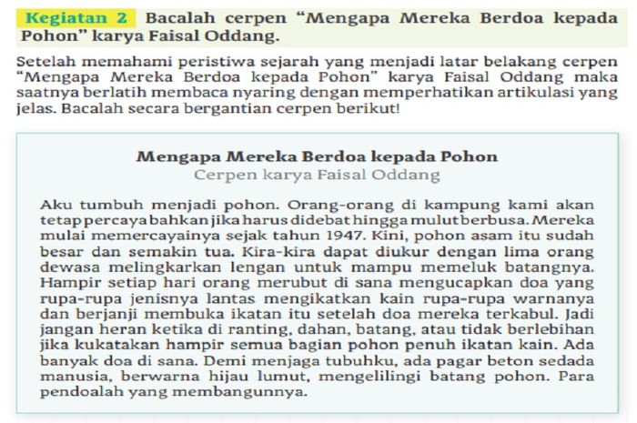 (tangkapan layar) Terdapat soal Kegiatan 3 cerpen 'Mengapa Mereka Berdoa kepada Pohon' karya Faisal Oddang di halaman 62-62.