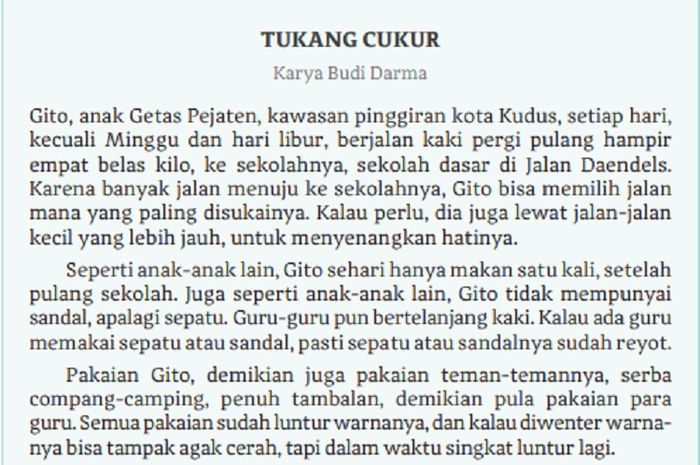 (tangkapan layar) Terdapat soal Kegiatan 3 cerpen 'Tukang Cukur' karya Budi Darma nomor 2 di halaman 72-74.