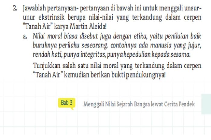 (tangkapan layar) Terdapat soal Kegiatan 3  Berdasarkan Cerpen 'Tanah Air' karya Martin Aleida Bab 3: 'Menggali Nilai Sejarah Bangsa lewat Cerita Pendek' di halaman 81-82.
