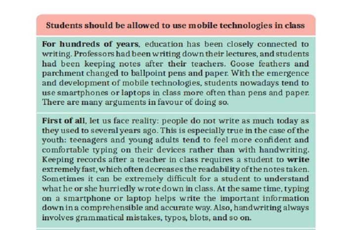 (tangkapan layar) Teks berjudul 'Students Should be Allowed to Use Mobile Technologies in Class' adalah teks eksposisi hortatori. 