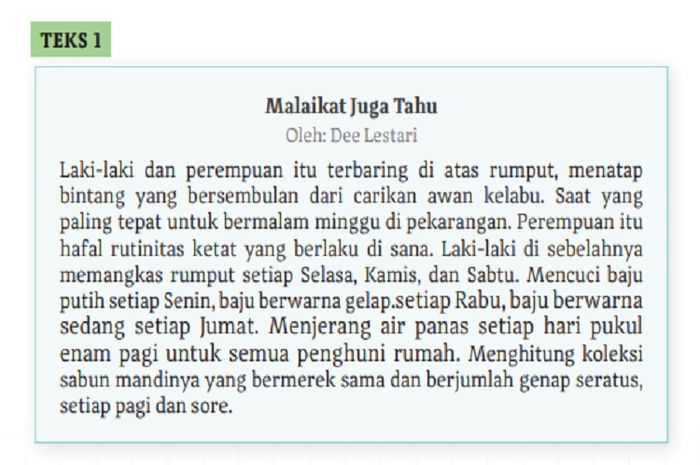 (tangkapan layar) Terdapat soal Kegiatan 2 Cerpen 'Malaikat Juga Tahu' karya Dee Lestari di halaman 102.