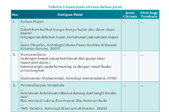 (Tangkapan layar) Terdapat soal Tabel 6.5 Isian Jenis Citraan dalam Puisi di halaman 166-167 yang terdiri dari 10 pertanyaan.