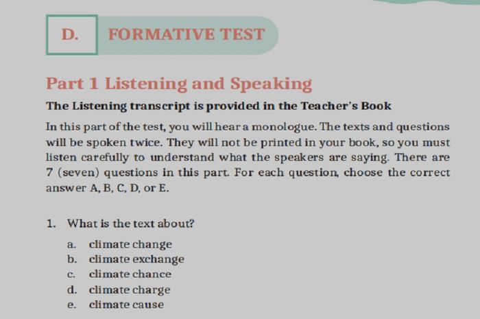(tangkapan layar) Terdapat soal D. 'Formative Test Part 1 Listening and Speaking' No.1-6 pada 'Concluding Section 2' di halaman 181-183.