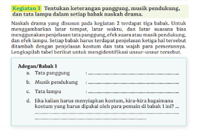 (tangkapan layar) Terdapat soal Kegiatan 3 Unsur-Unsur dalam Setiap Babak Drama di halaman 139.