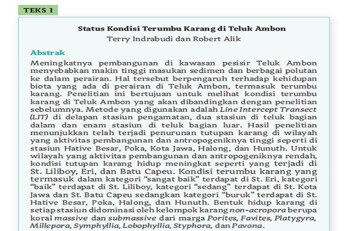 (tangkapan layar) Terdapat soal Kegiatan 2 Memahami Karya Ilmiah 'Status Kondisi Terumbu Karang di Teluk Ambon' No.3 di halaman 180.