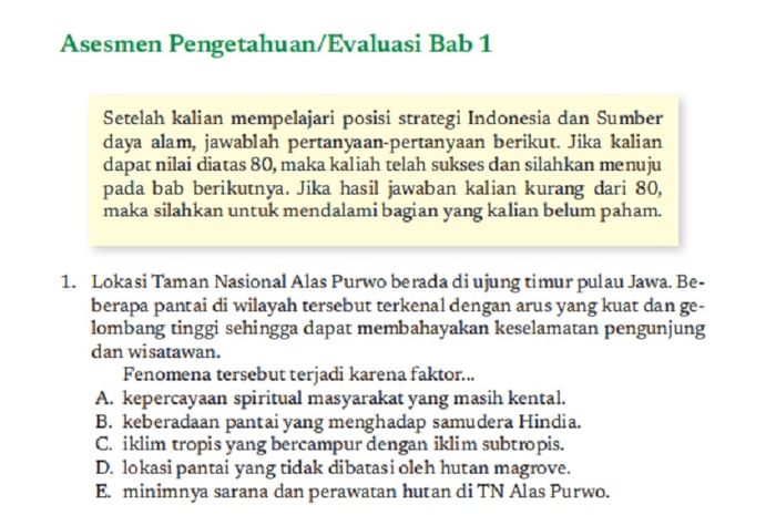 (tangkapan layar) Terdapat soal Asesmen Pengetahuan/Evaluasi Bab 1, No.1-5 di halaman 57-58.
