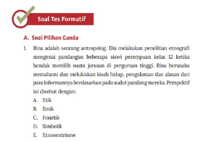(tangkapan layar) Terdapat soal Tes Formatif A. Soal Pilihan Ganda pada Bab 1: 'Pengantar Antropologi' di halaman 77-79.