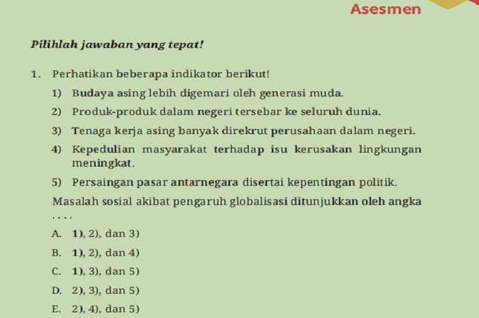 (tangkapan layar) Terdapat soal Asesmen pada Bab 3: 'Masalah Sosial akibat Globalisasi dan Era Digital' di halaman 135-141.