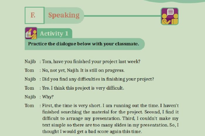 (tangkapan layar) Terdapat soal 'Activity 2' Bagian 'F. Speaking' pada 'Unit 4: Analytical Exposition Text' di halaman 144.