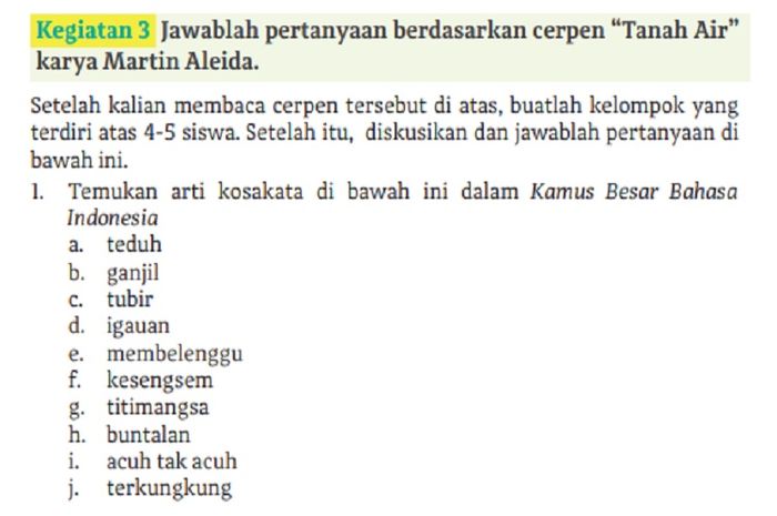 (tangkapan layar) Terdapat soal Kegiatan 3 Berdasarkan Cerpen 'Tanah Air' karya Martin Aleida di halaman 81-82.