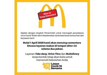 Demi Cegah Penyebaran COVID-19, McDonald's Indonesia Menutup Layanan Makan di Tempat Selama 2 Pekan