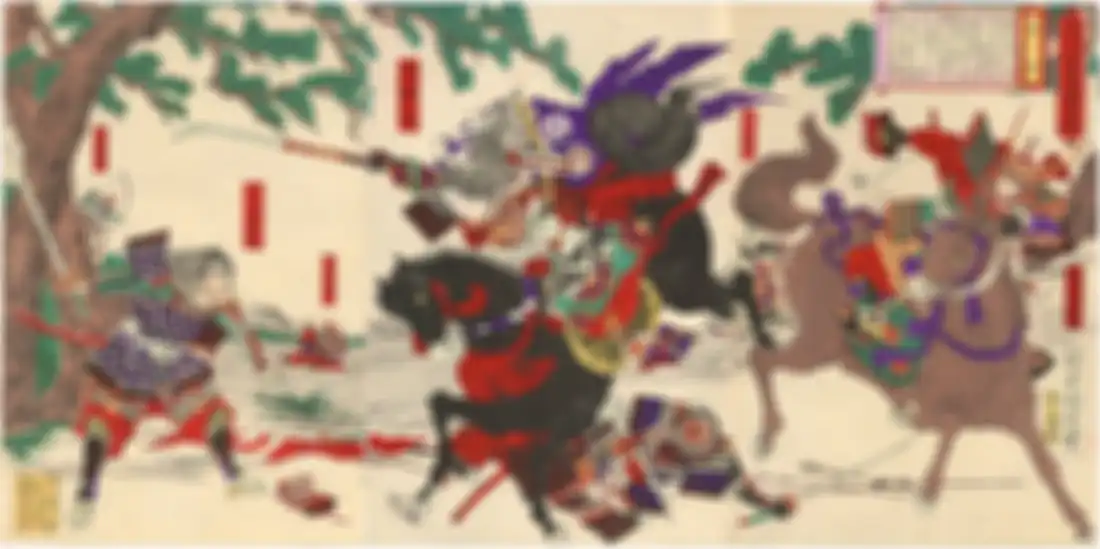 Tomoe Gozen saat melawan musuhnya di Perang Awazu.