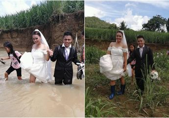 Demi Cinta, Tak Peduli Hujan Deras Hingga Banjir Melanda, Pasangan Pengantin ini Nekat Arungi Sungai Demi Ikat Janji Suci di Hari Pernikahan Meski Akhirnya Basah Kuyup