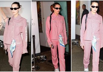 Cute! Bella Hadid Tampil Manis dengan Setelan Busana Warna Pink di Luar Panggung New York Fashion Week 2018