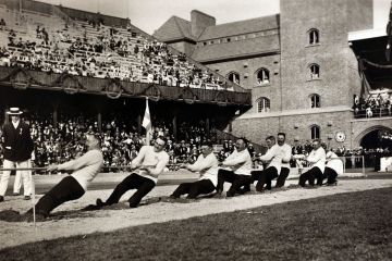 Sport, 1912 Olympic Games, Stockholm, Sweden, Tug of War, The winners of the Tug of War, Sweden, seen in action (Photo by Bob Thomas/Popperfoto/Getty Images)